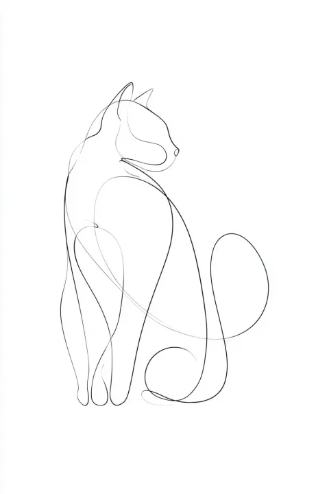 Minimalist elegant cat line art, seated cat in 3/4 view, broken contour outline