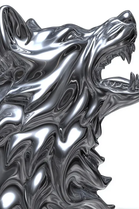 Pure black background , no shadow, The head of the liquid metal wolf is roaring.