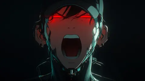 Screenshot of 90s japan anime. with a colour theme of black. young japanese cyberpunk humanoid weari