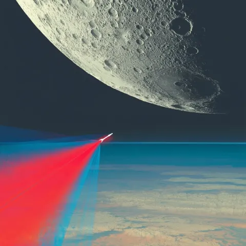 Shot of a space rocket navigating through the moon through etereal clouds as it leaves earth's orbit