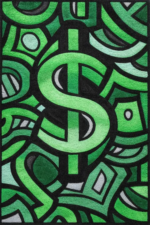 Street art style money rug pattern, fictional banknote design, bold graffiti lines