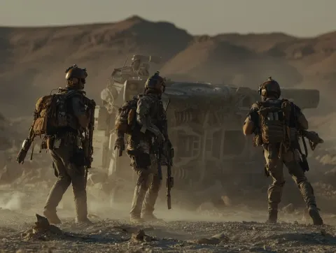 Tactical modern soldiers converging on a flipped over mrap vehicle, daytime, concept art