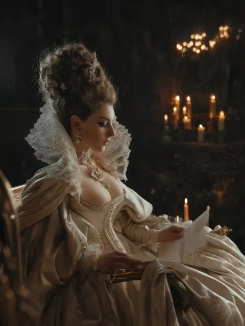 Ultra detailed portret of a beautifully elegant aristocratic woman reading a sad letter with lowcut