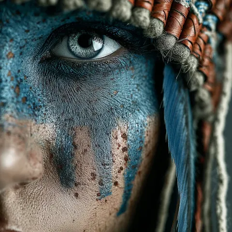 Very beautiful young woman with almond eyes and with the native American headdress