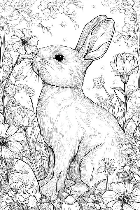Whimsical bunny smelling a flower, surrounded by hidden Easter eggs, flowers, vines