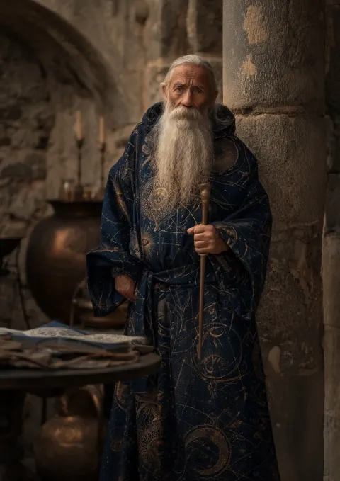 Wizened wizard, celestial theme, dark blue robes with golden celestial symbols