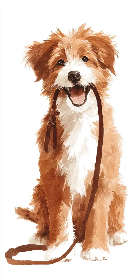 Fun watercolor illustration of a cute happy brown dog holding a lead in its mouth, smiling