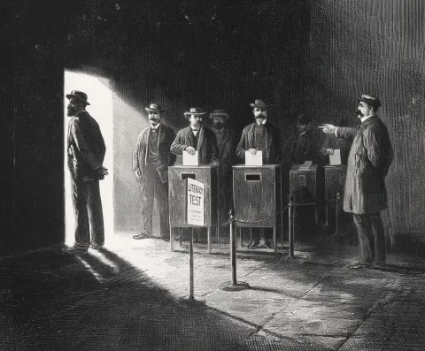 1891 Brazil, a Black man being turned away from a voting station by an official pointing to a litera