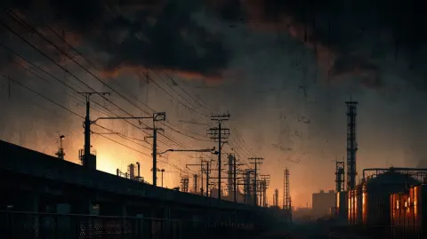 A backdrop from a Japanese delinquent film of the 1980s. An industrial area at dusk. Strong backligh