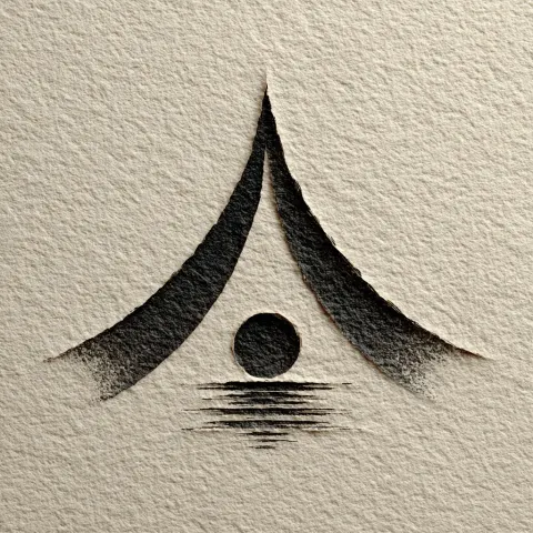 Minimalist line drawing logo, one single continuous stroke forming a stylized tent shape