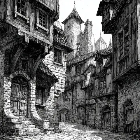 A black and white sketch of a rennaissance street with cramped houses