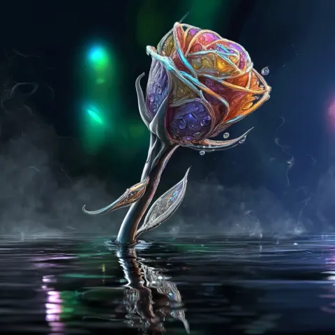 A breathtaking, ultra-detailed, one-of-a-kind rose emerging from still reflective water