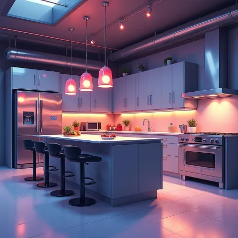 Sleek Modern Anime Kitchen With Glowing Pendants
