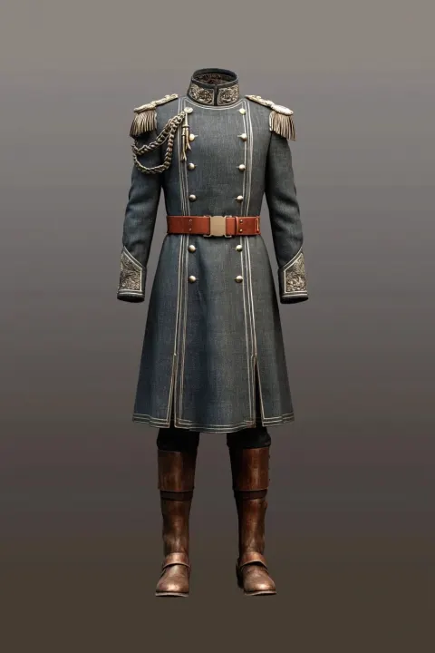 A crisp and detailed wizarding world military uniform design, isolated on a plain background