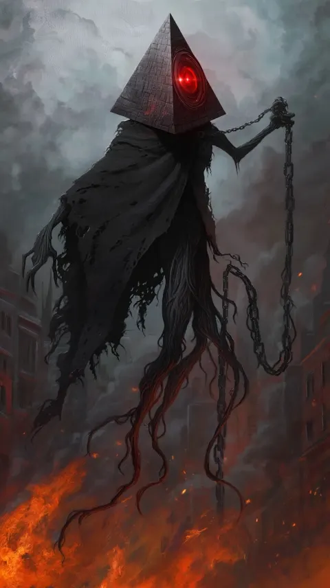 A flying figure with a pyramid head with one red glowing camera Lense eye floats above a burning cit