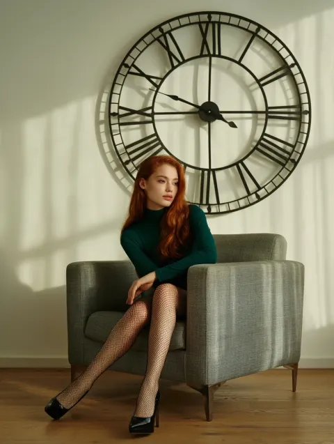 Elegant woman with long deep auburn hair, sitting confidently in a gray armchair