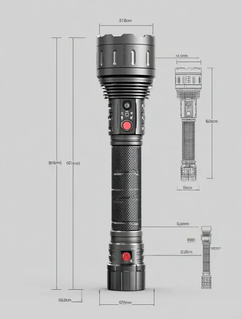 A long led flashlight with an oversized head, featuring multiple touch control buttons and a metal m