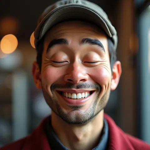 Happy Mask Salesman Smiling With Closed Eyes