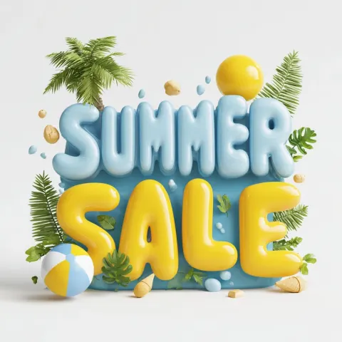A vibrant 3D render typography of "SUMMER SALE" in a bold