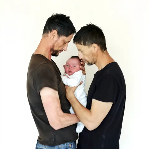 Ultra realistic editorial photo of a foster family, two adult men gently holding a baby