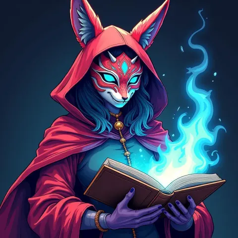 Pop Art Sorceress With Kitsune Mask Flames