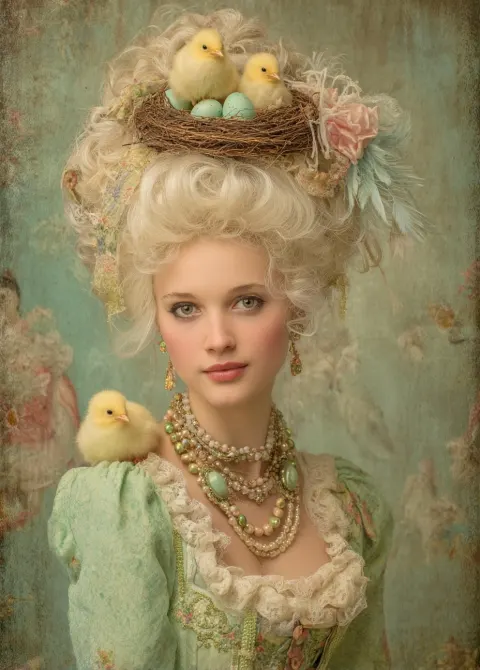 Beautiful victorian woman with a big blond wig marie antonette style