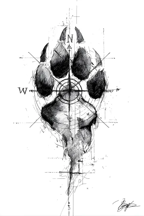 Black dog paw tattoo design incorporating compas directions. Loose sketch style. Isolated on a white