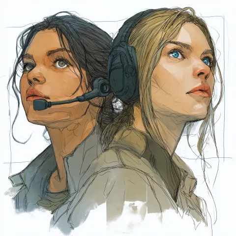Concept art of two female scientists, 25 years old. Mara: Italian features