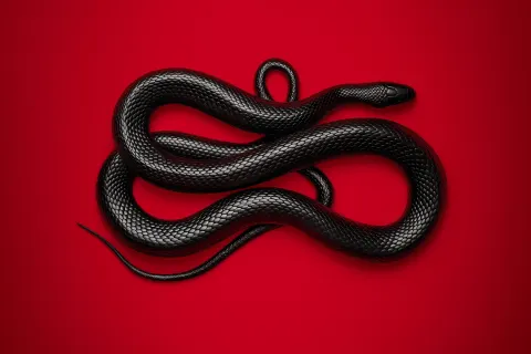 Create a striking image of a glossy, coiled black snake against a vibrant red background. The snake’