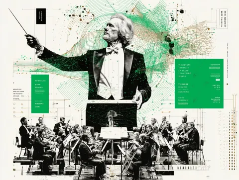 Professional concert hall photography, dramatic stage lighting. A confident conductor in elegant bla