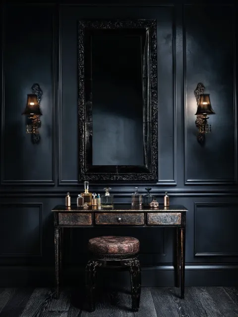 Straight centered orientation dark and moody charcoal gray modern fantasy Vintage dressing room / va