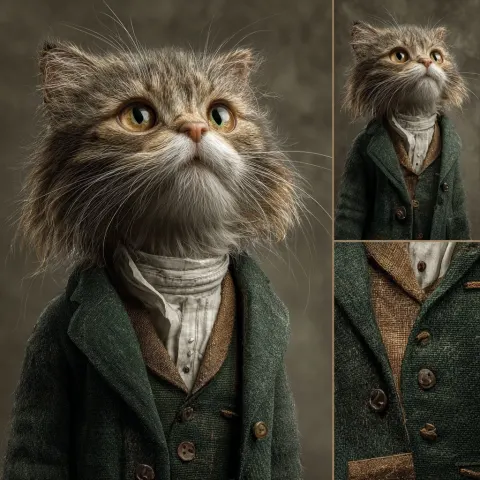The cat should wear an elegant dark green suit
