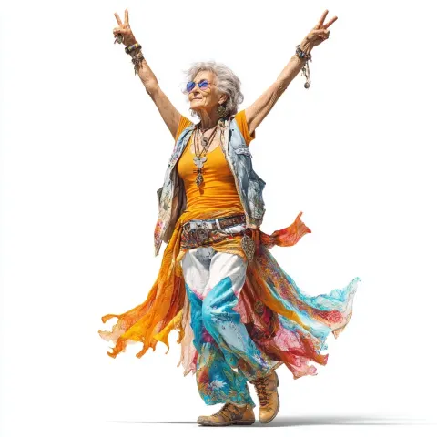 Ultra realistic full body photo of an 65-year-old not too thin, female, drest like a hippie
