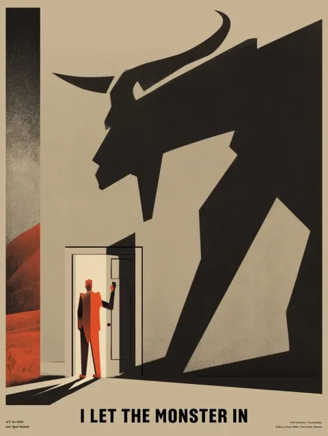 A simple, sleek illustrated graphic for "I Let the Monster In" could present a man opening a narrow