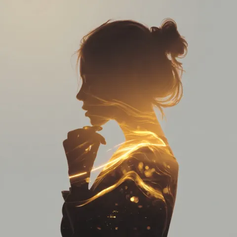 Woman silhouette with bun observing sensations passing like light waves through body