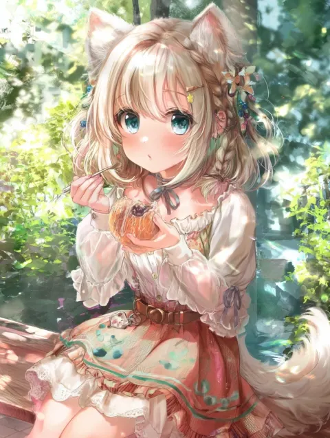 Anime Girl with Spitz Ears Eating a Red Bean Bun
