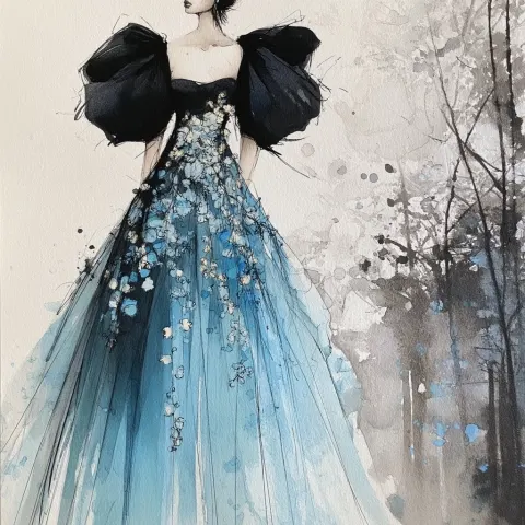 Hand-drawn fashion illustration, avant-garde couture dress