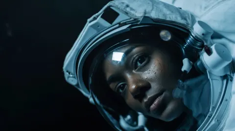 A cinematic still of a black female astronaut in her late thirties floating in the dark, endloess