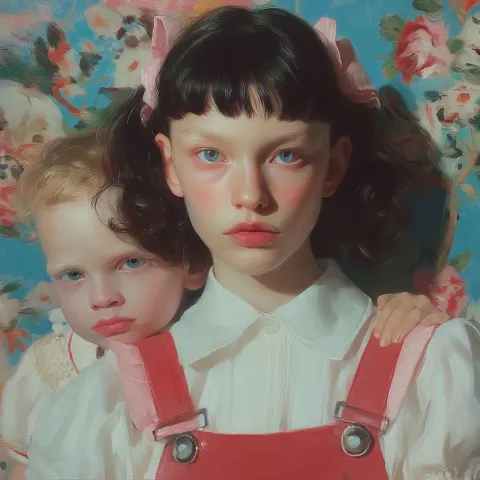 Replace the light and color in the portrait with oil painting. Add a carpet from the 90s and a boy b