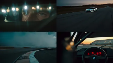 A cinematic multi-shot sequence about a professional race car driver pushing the limits on a legenda