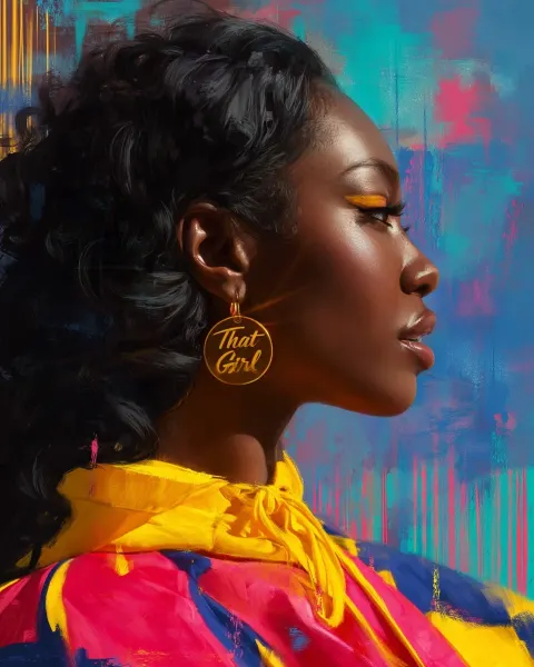 Portrait of a beautiful Black woman wearing a casual outfit with bright bold colors. She's facing to