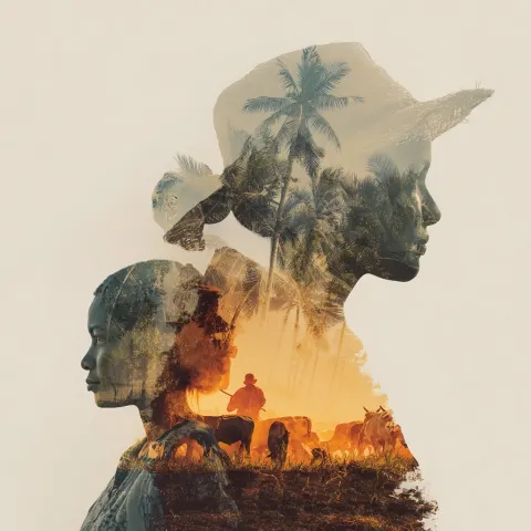 Silhouettes of diverse mauritius livestock smilling workers filled with tropical landscapes of farms