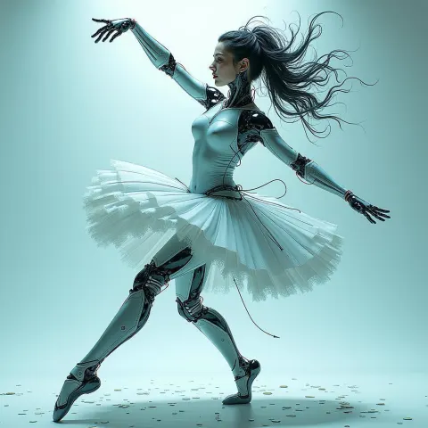 Cyborg Ballerina Dancing in Cold Manga Tones