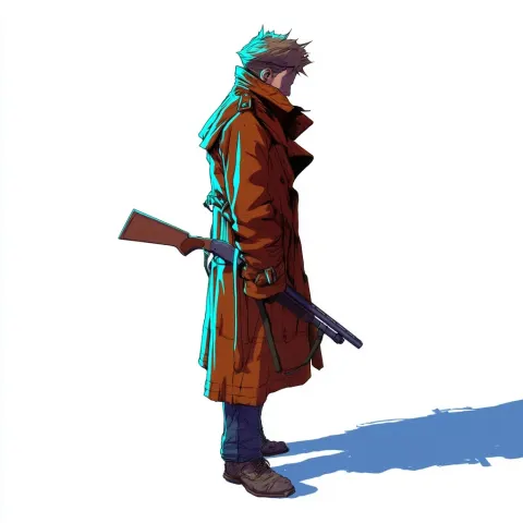 Side-view character, John Reed, 2D comic style, clean ink, weary FBI, brown leather trench