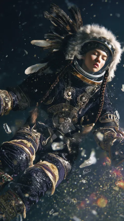 Surreal fashion editorial, a female cosmonaut floating in open space