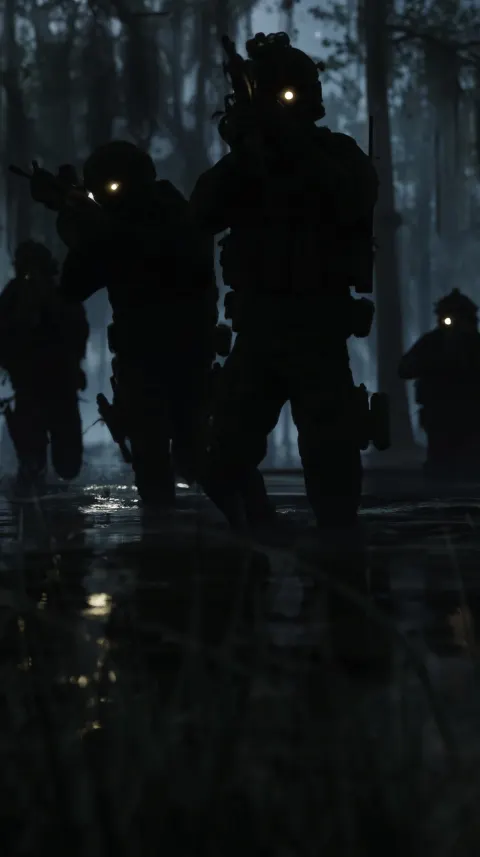 Special forces weapons drawn moving through swampy water, tactical gear, nighttime silhouettes