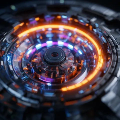 Futuristic digital engine made of glowing geometric shapes