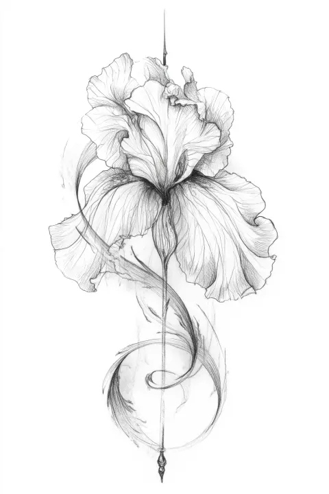 A pencil sketch of an elegant tattoo design featuring a delicate iris flower