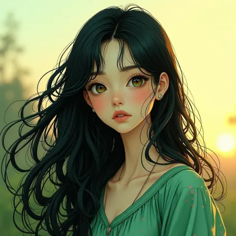 Emerald Tinted Hair in Serene Golden Light
