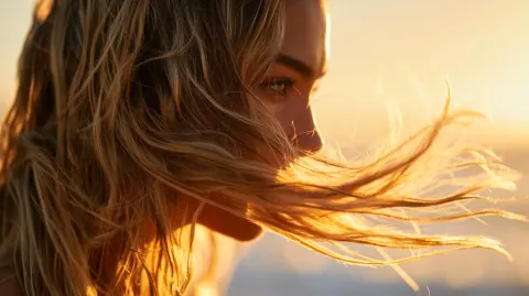 An intimate cinematic close-up of hair flowing in ocean wind